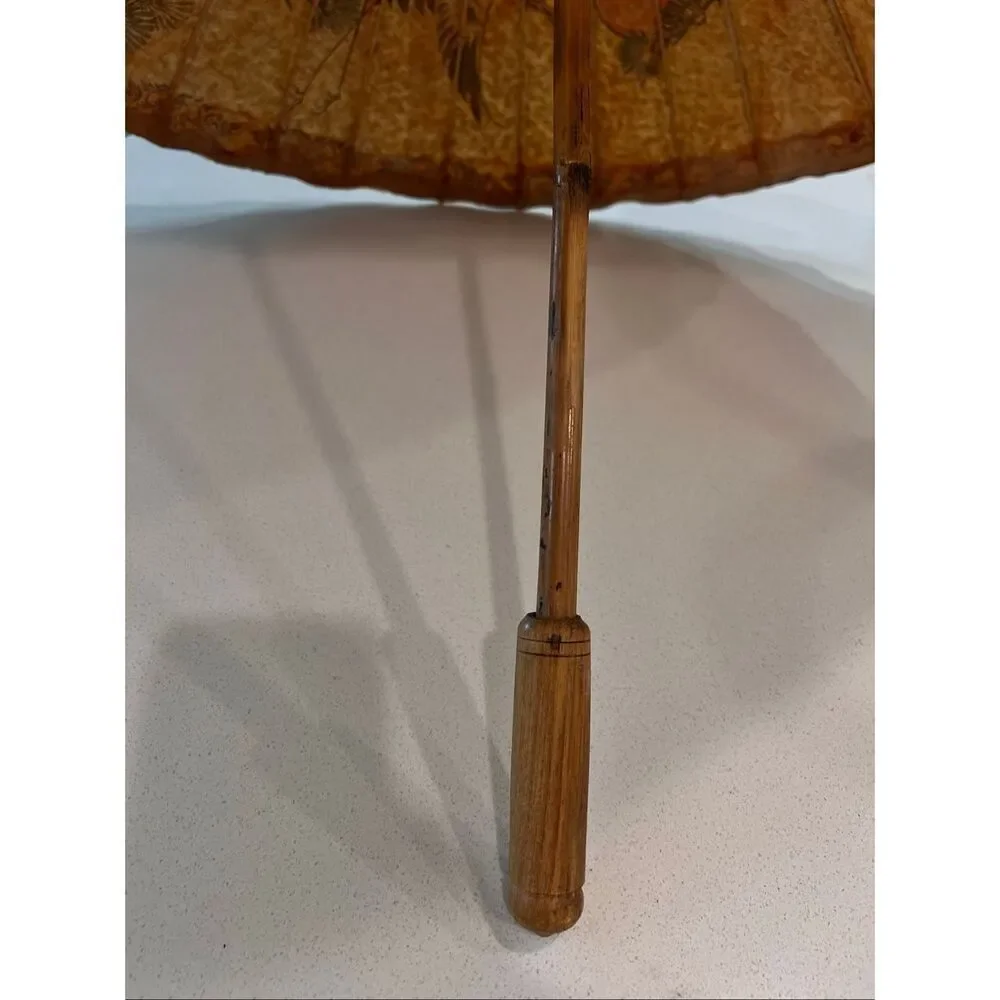 Vintage Asian Paper Parasol Umbrella Hand Painted Cranes Bamboo Japanese Style